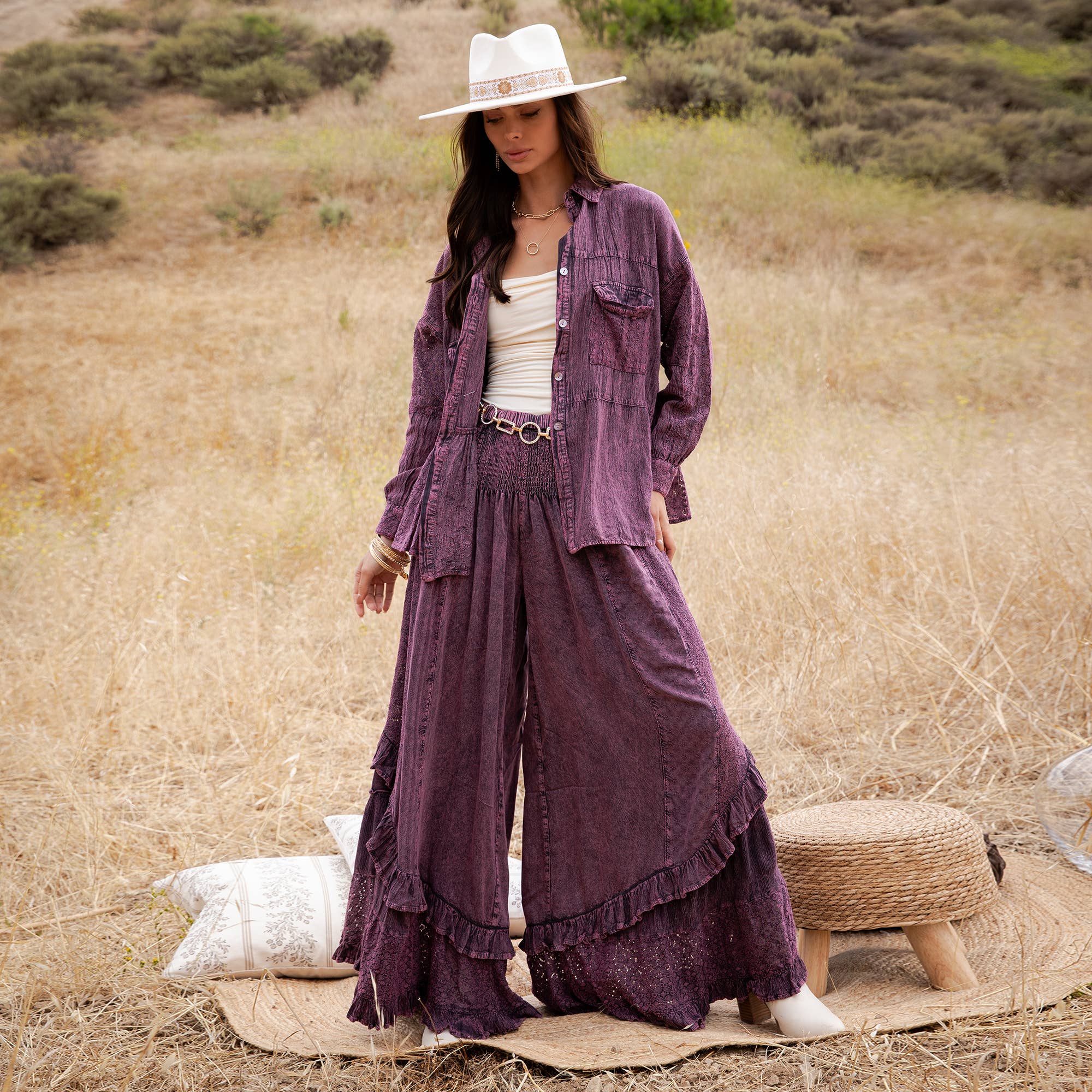 Mineral Wash Lace Tiered Ruffle Pants