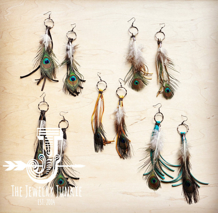 Bone Deer Skin Leather Tassel Earrings with Peacock Feather