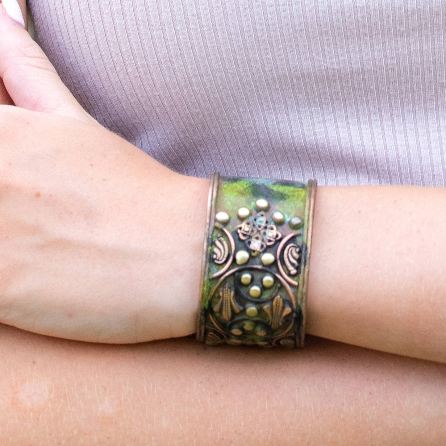 Rivets and Filigree with Circles Green Patina Copper Cuff