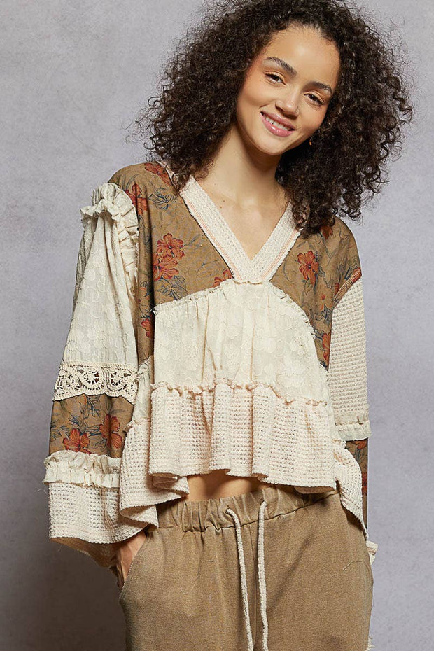 Long sleeve patchwork ruffle top