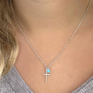 Gold Plated Sterling Silver cross necklace with Opal dangle charm