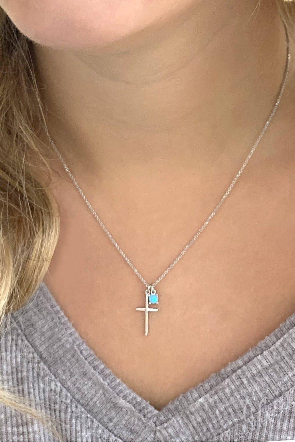 Gold Plated Sterling Silver cross necklace with Opal dangle charm