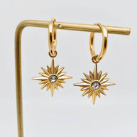 18K GP S. Steel Star Pendant Huggie Earrings