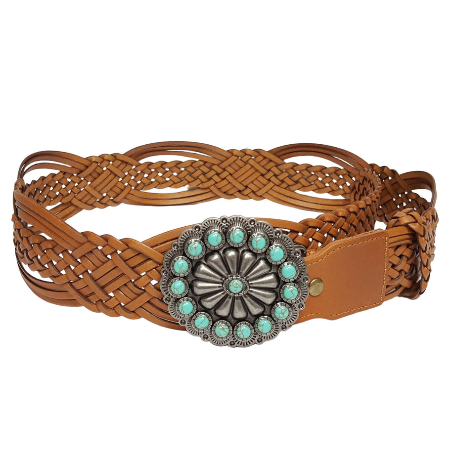 Hand-Braided Leather Belt with Turquoise Style Buckle