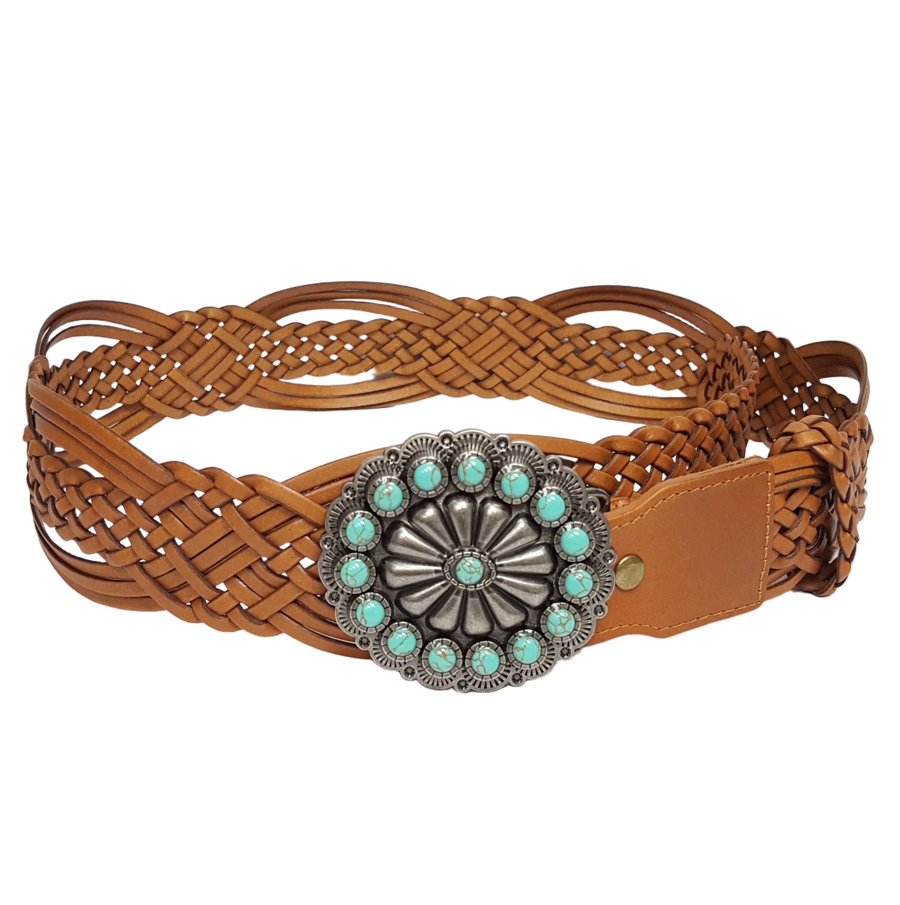 Hand-Braided Leather Belt with Turquoise Style Buckle
