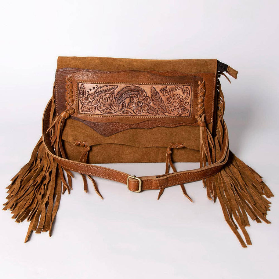 Suede Leather & Fringe Purse Clutch, Caramel