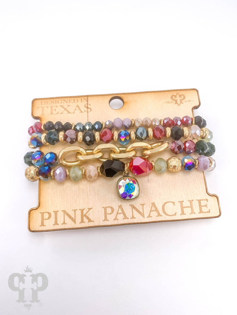 European crystal & chain bracelet stack