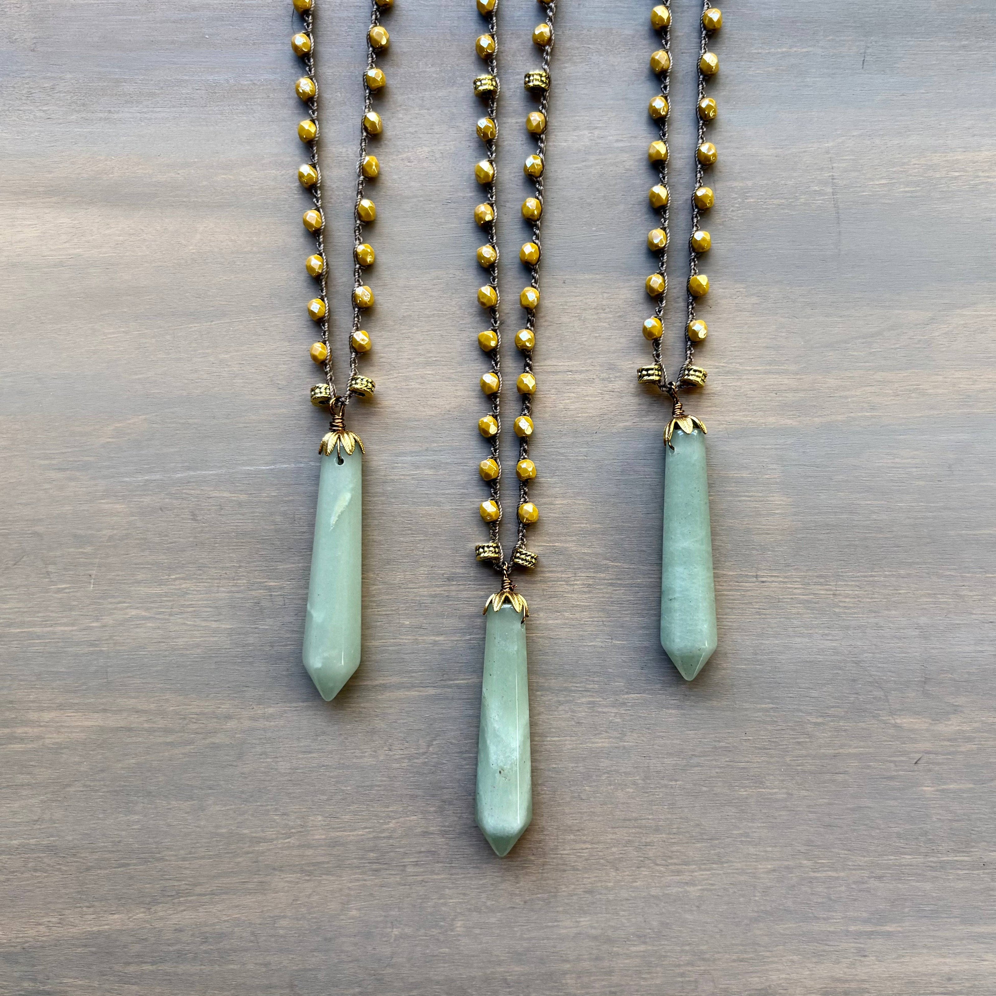 Marigold Czech Crystal Crocheted Necklace with Aventurine Stone Point Pendant