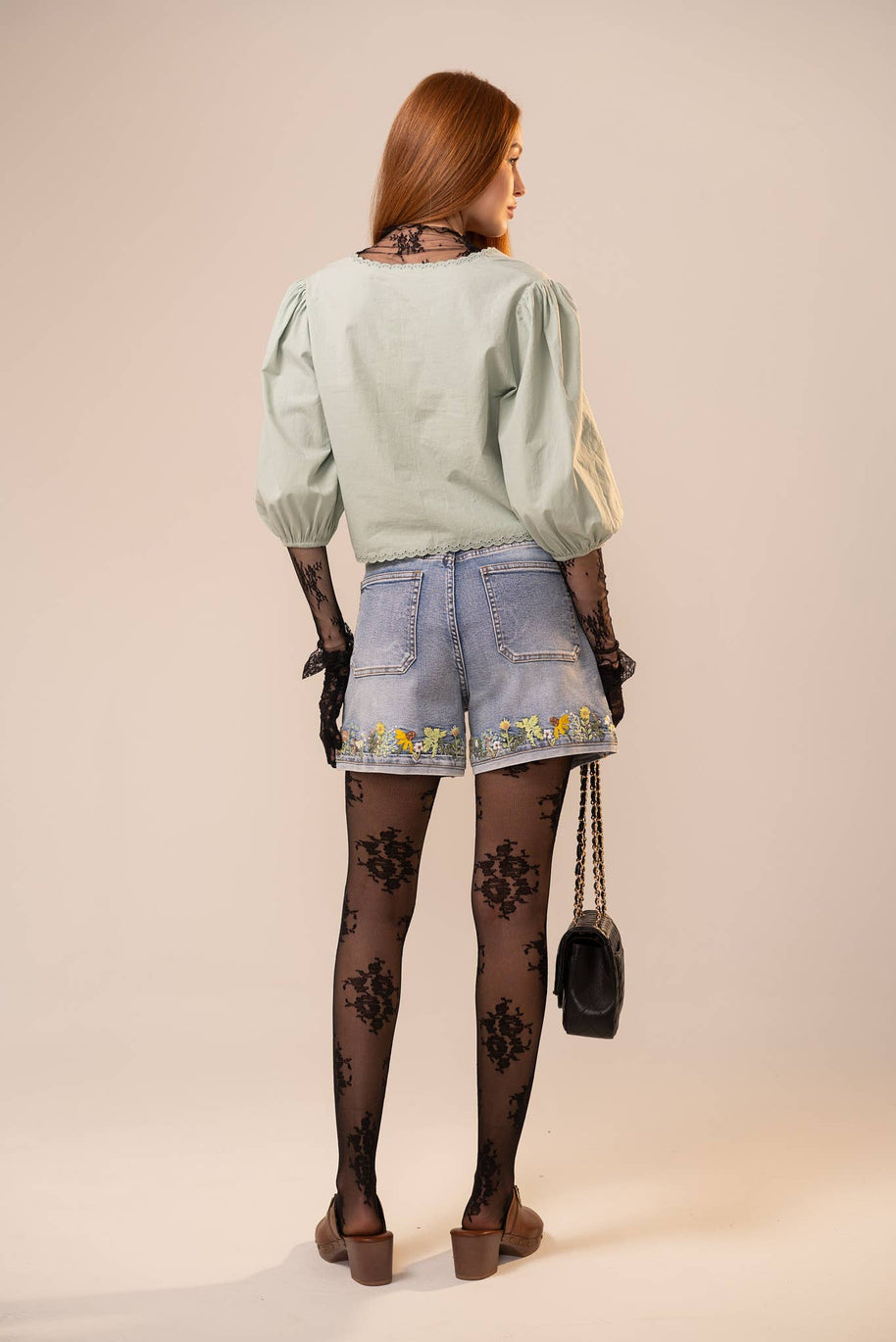 High Rise Cuffed Embroidered Denim Shorts