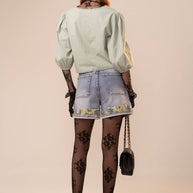 High Rise Cuffed Embroidered Denim Shorts