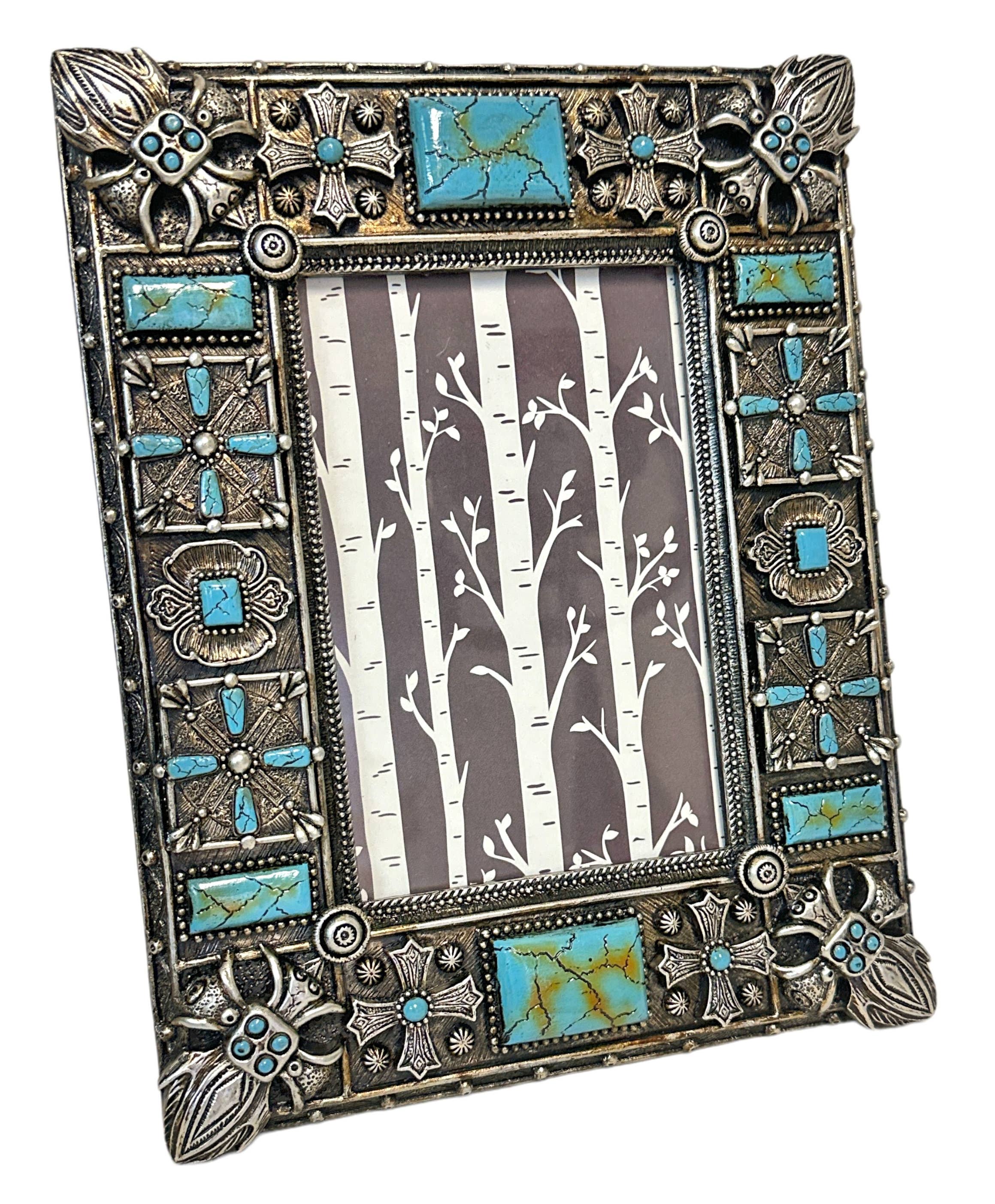 Metal Fleur De Lis Teal Rock 6” x 4” Picture Frame