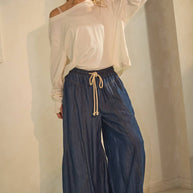 Chambray Denim Wide Palazzo Pants