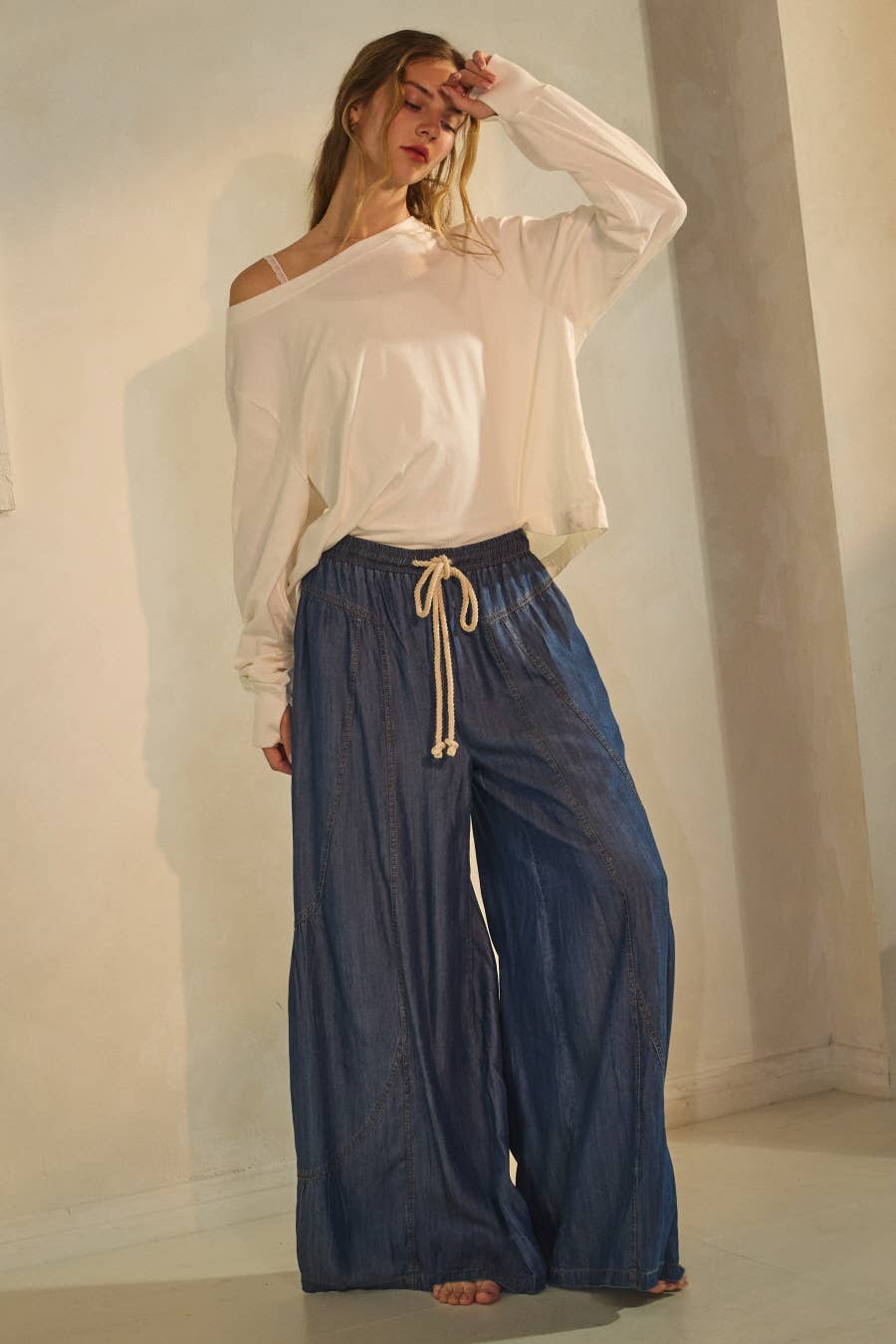 Chambray Denim Wide Palazzo Pants