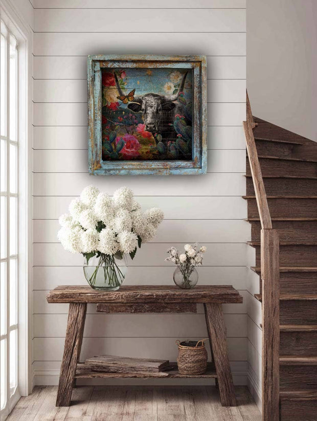 Longhorn with Pretty FLowers - 24" Square Canvas