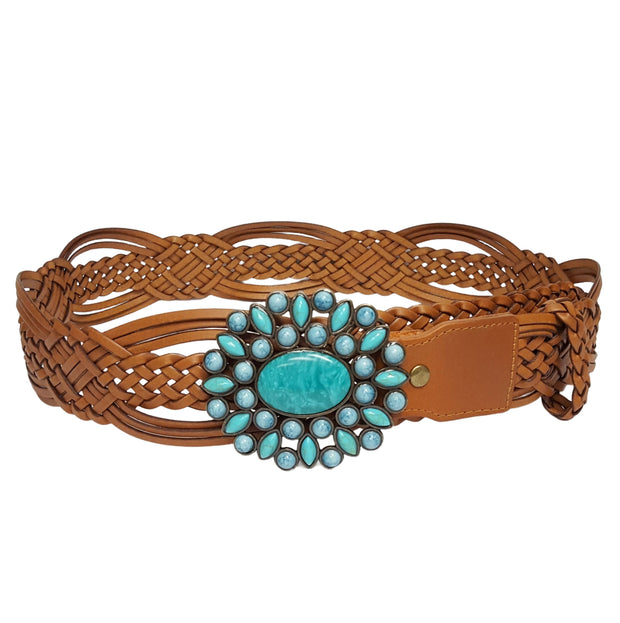 Hand Braided Leather Belt with Turquoise Buckle