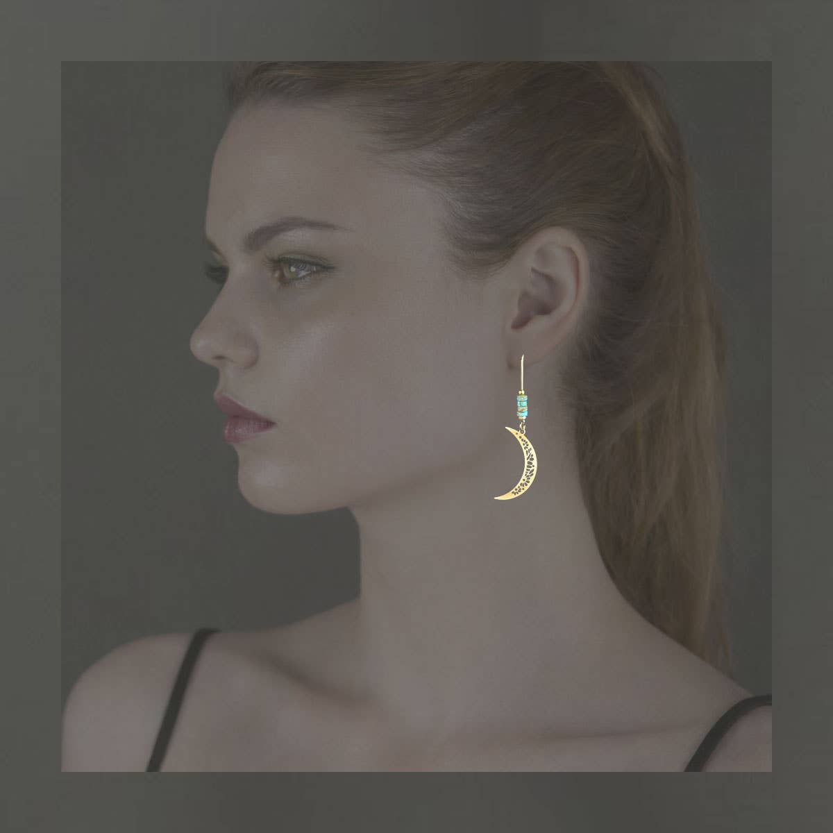 Laser Cut Delicate Moon & Turquoise Long Wire Earrings