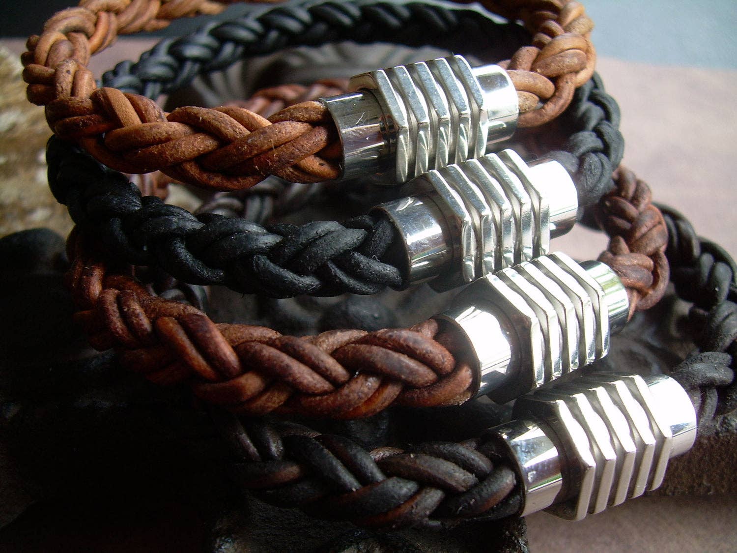 Thick Braided Leather Bracelet with Magnetic Clasp