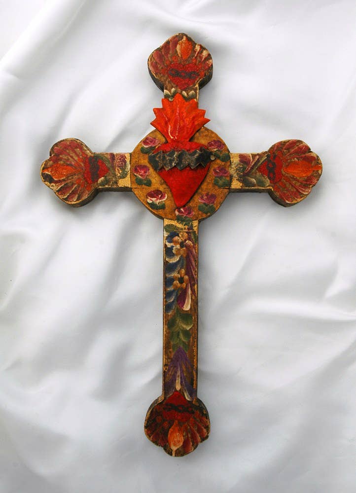MXC14- Traditional Mexican Flaming Heart Wall Cross Decor