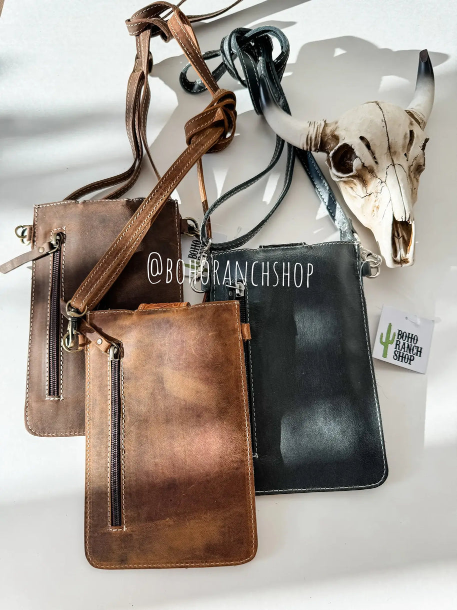 Western Tooled Leather Cowhide Mobile Pouch