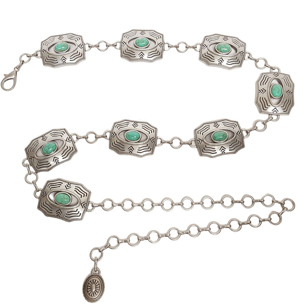 Western Silver Rectangular Concho Chain belt with stones