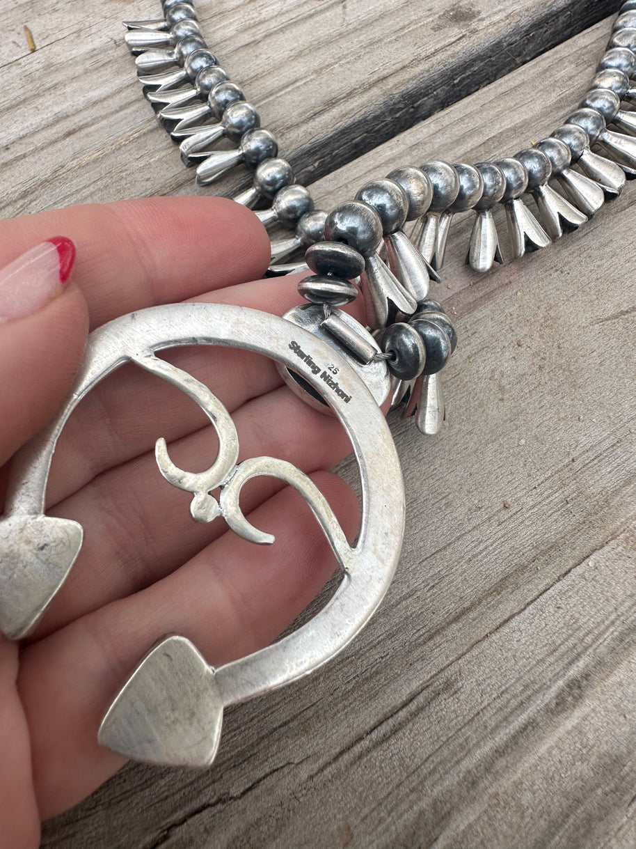 Beautiful Handmade Sterling Silver & Sonoran Mountain Turquoise Squash Blossom Necklace