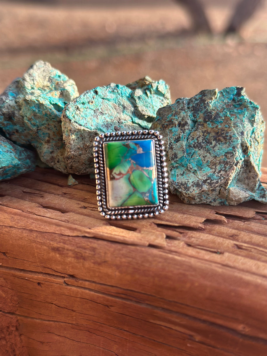 Beautiful Handmade Peacock Dahlia Rectangle Sterling Silver Adjustable Ring