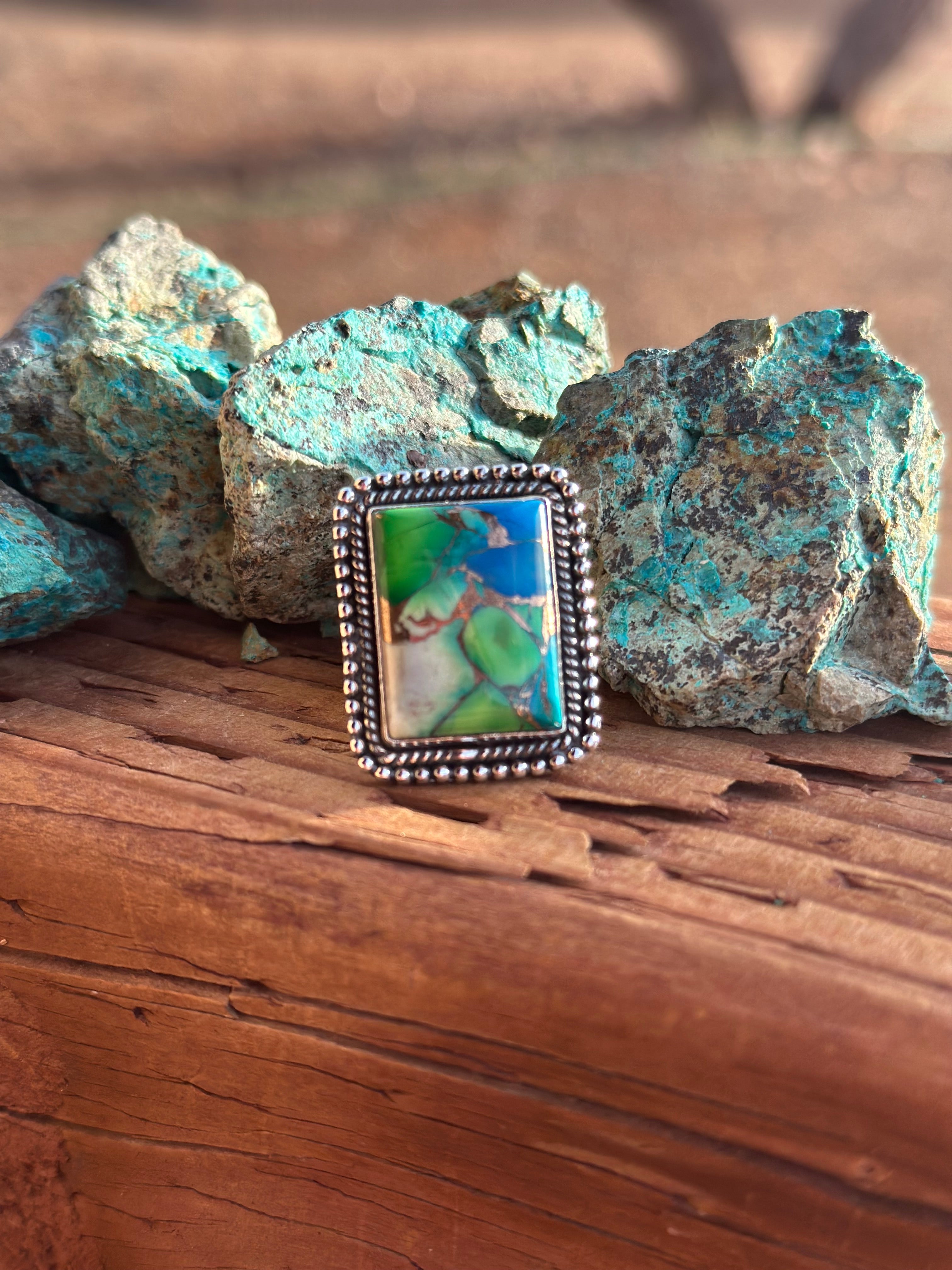 Beautiful Handmade Peacock Dahlia Rectangle Sterling Silver Adjustable Ring