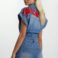 Embroidered Western Denim Romper