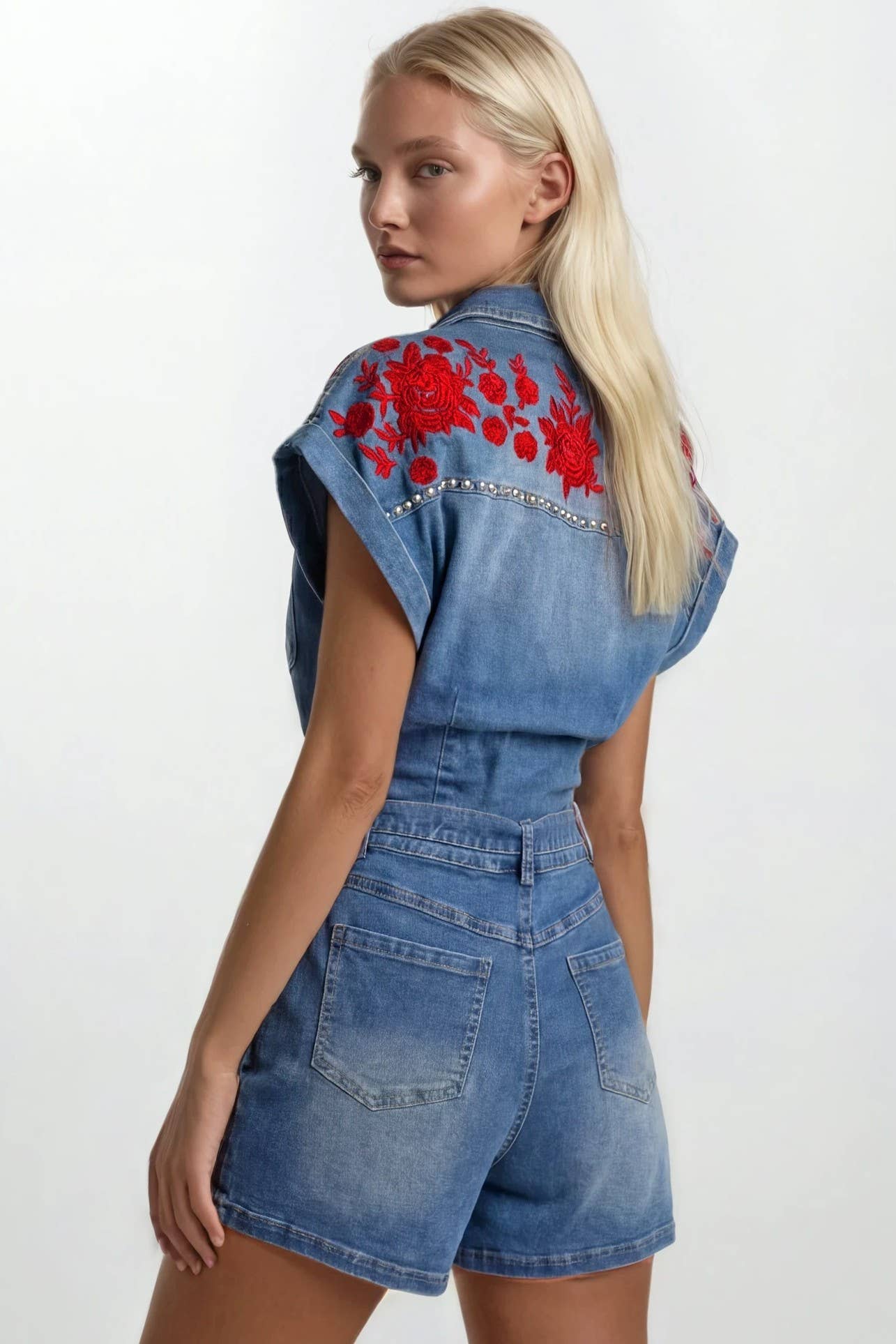 Embroidered Western Denim Romper