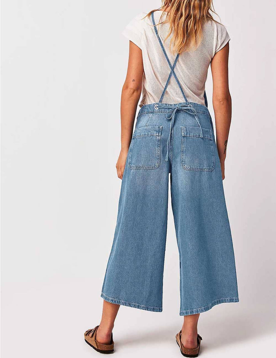 String Tie Wide Leg Denim Jumpsuit