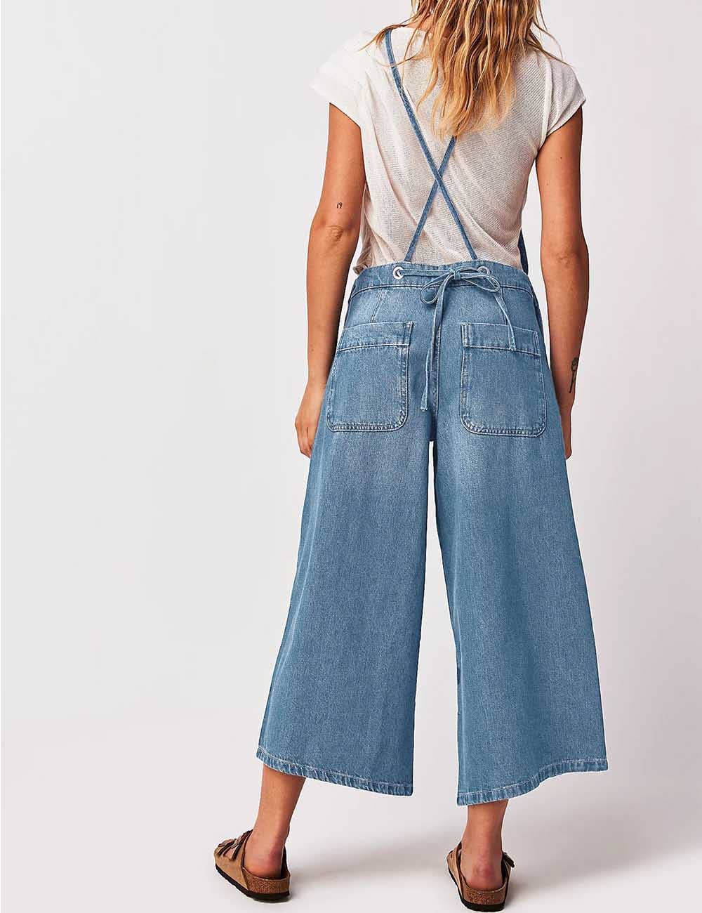 String Tie Wide Leg Denim Jumpsuit