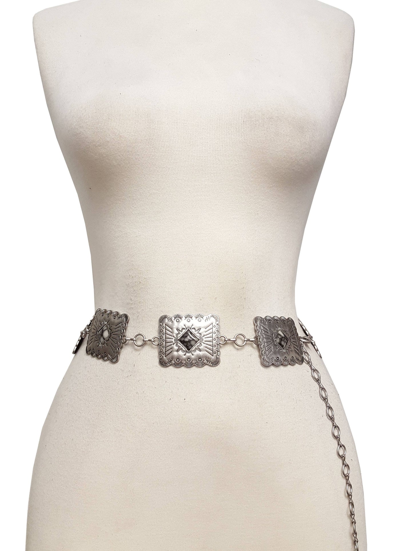 Western Silver Rectangular Concho Chain belt with stones