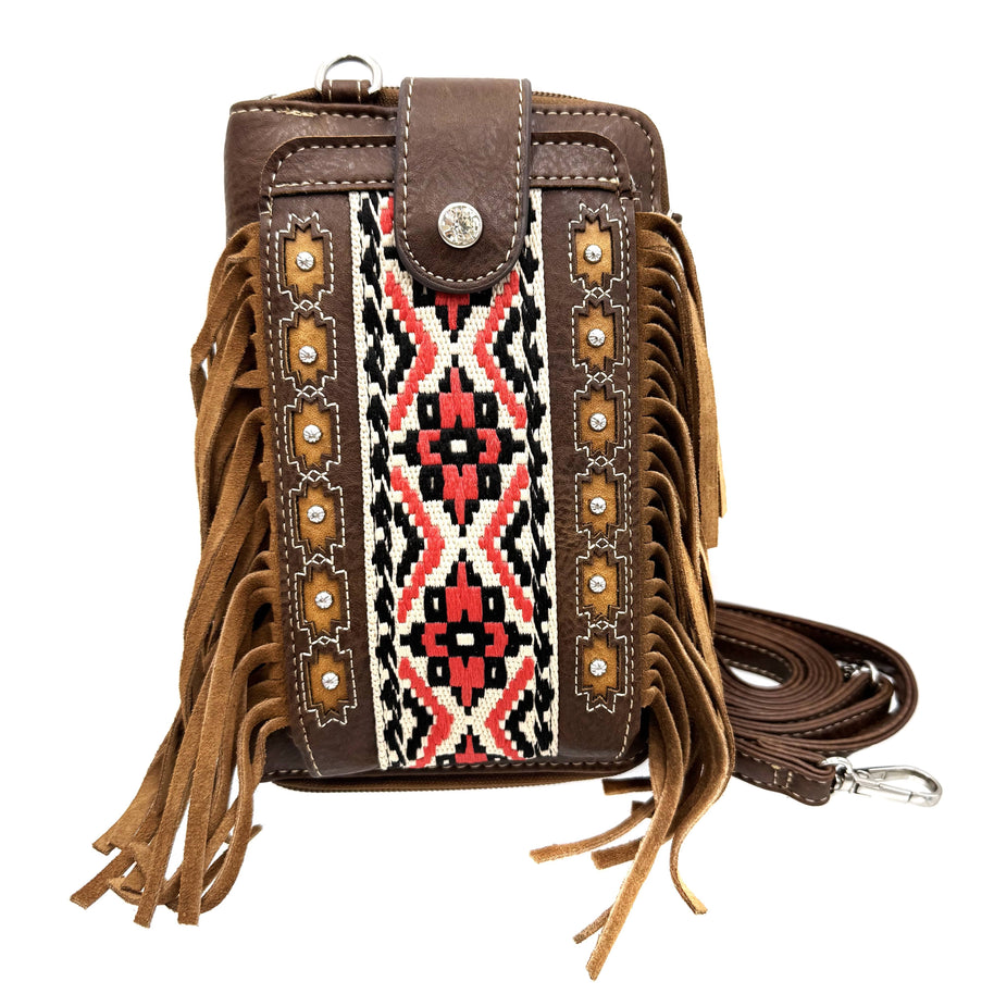 Aztec Tribal Print Fringe Crossbody Western Phone Wallet
