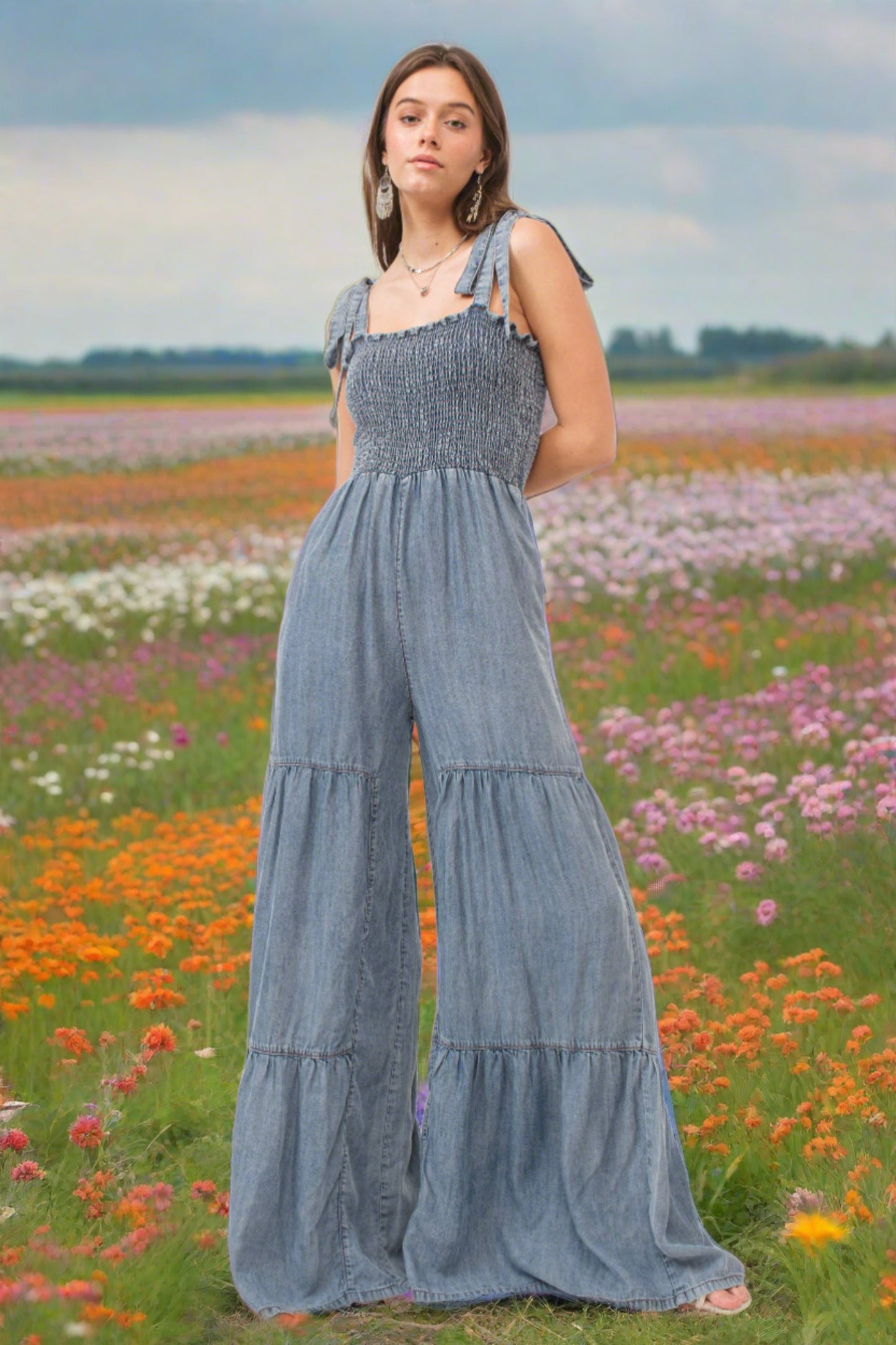 Smocked Tie Chambray Palazzo Wide Pant Jumpsuit