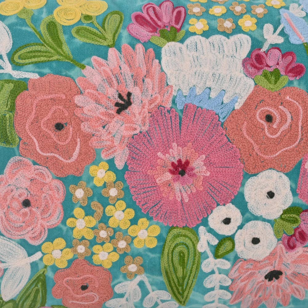 Floral Spring Turquoise Velvet Pillow 16X36