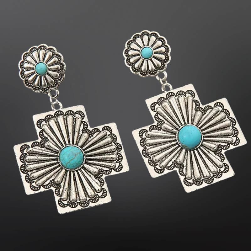 Vintage Look Southwestern Faux Turquoise Cross Earrings
