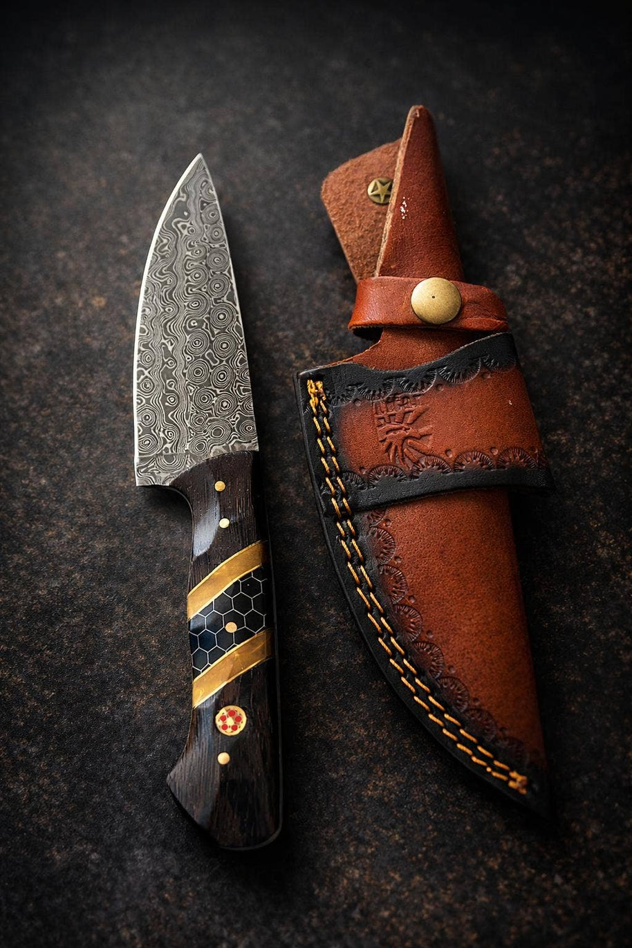 Damascus Steel Drop Point Knife | Diamond Wood, Black Honeycomb Resin Handle