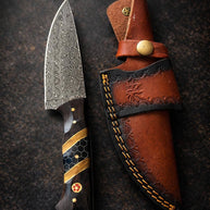 Damascus Steel Drop Point Knife | Diamond Wood, Black Honeycomb Resin Handle