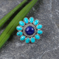 Silver Lapis and Turquoise Celestial Bloom Ring