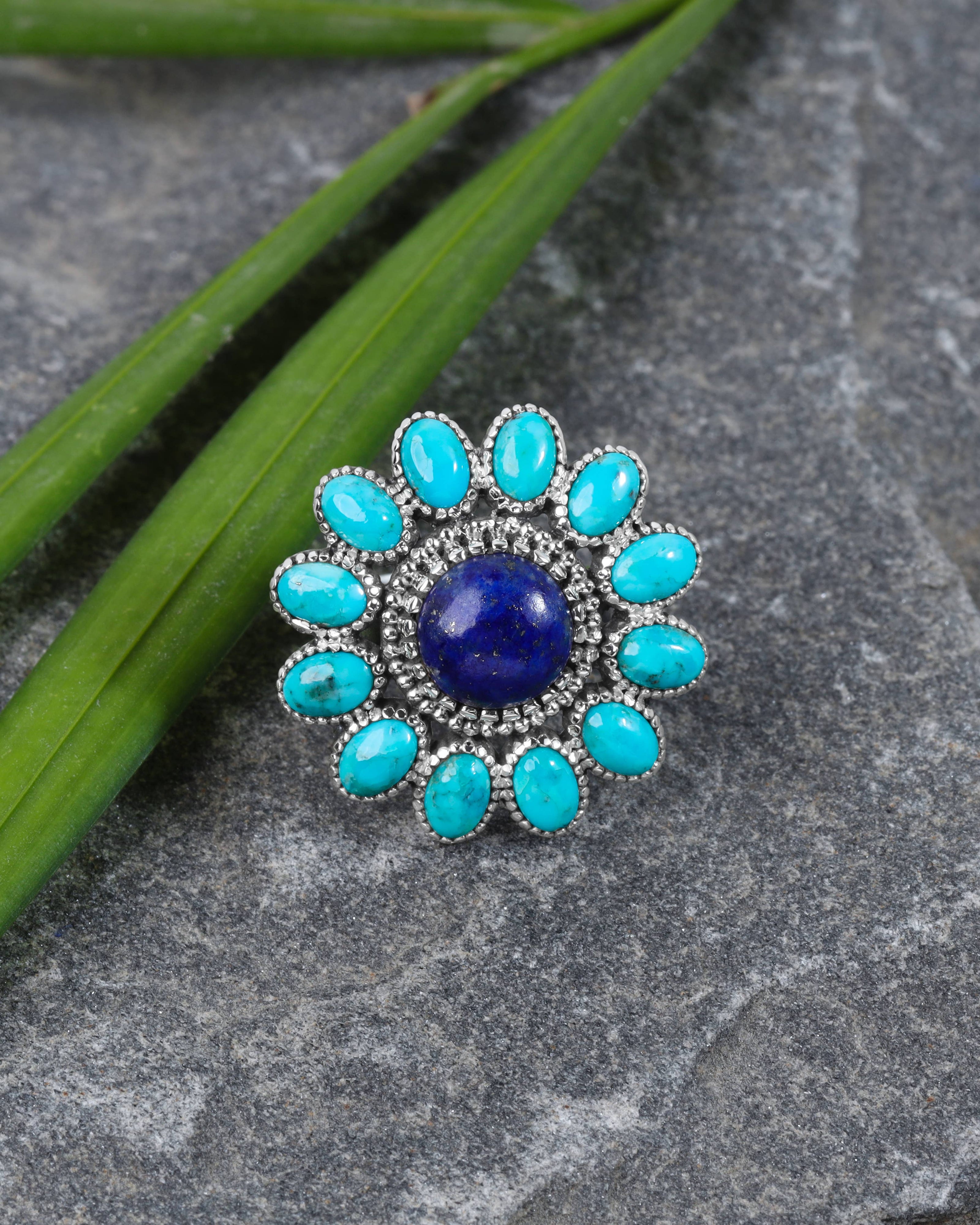 Silver Lapis and Turquoise Celestial Bloom Ring