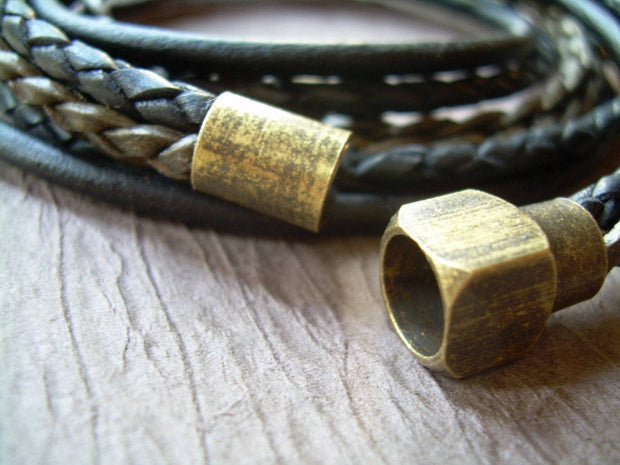 Triple Wrap Leather Bracelet with Antique Brass Magnetic Clasp