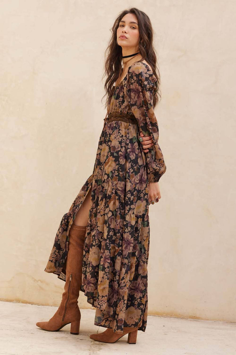Floral Button-Front Maxi Dress, Chocolate