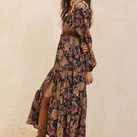 Floral Button-Front Maxi Dress, Chocolate