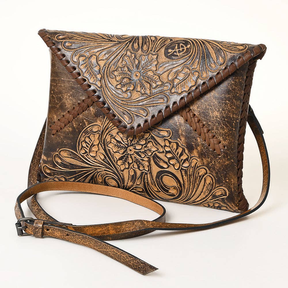 Hand-Tooled Floral Leather Envelope Purse, Multiple Colors