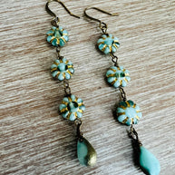 Aqua and Gold French Flower Drop Earrings