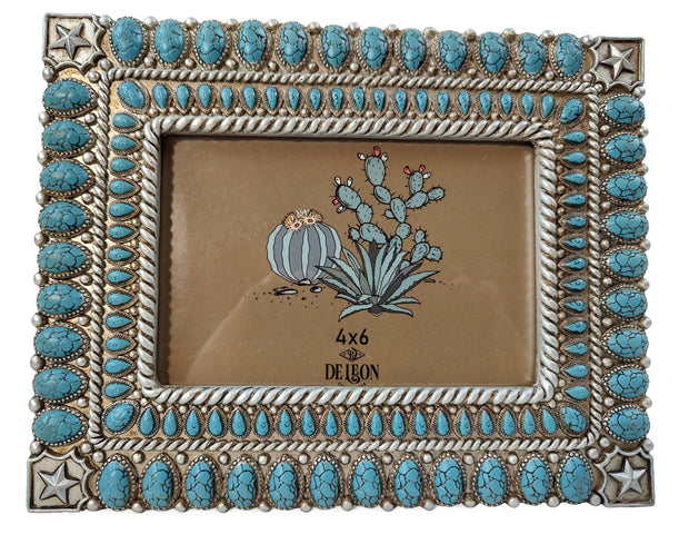Rustic Western Star Turquoise Beads 6” x 4” Picture Frame
