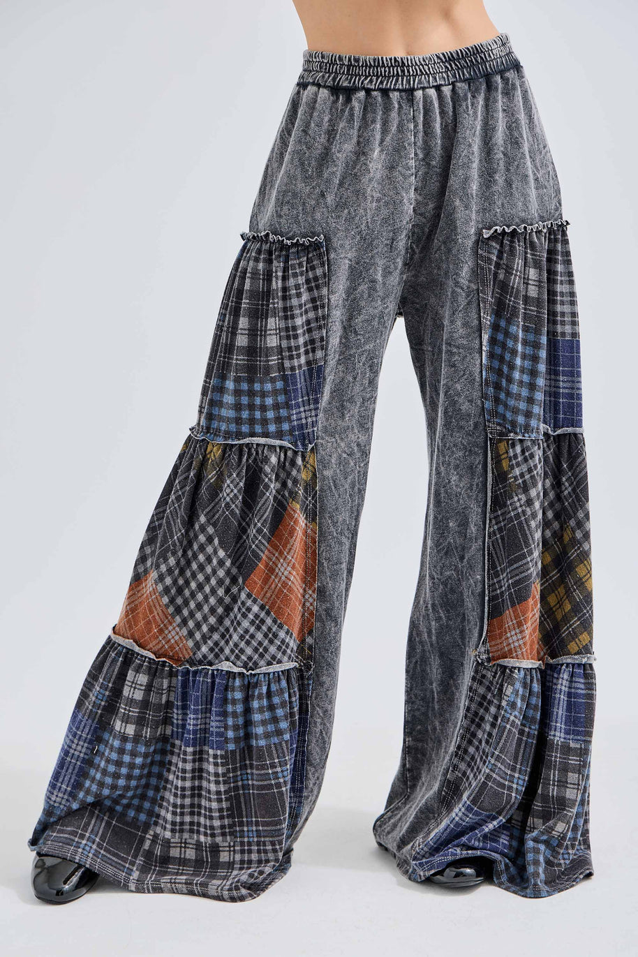 Mineral Washed Tiered Plaid Wide Flare pants HP6675