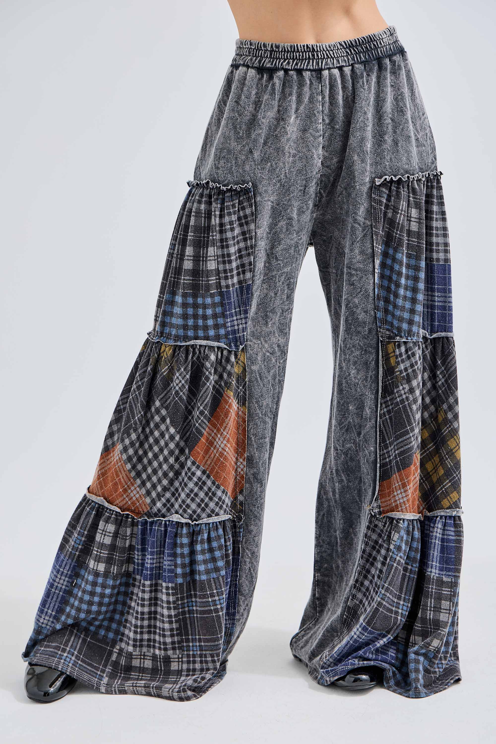 Mineral Washed Tiered Plaid Wide Flare pants HP6675