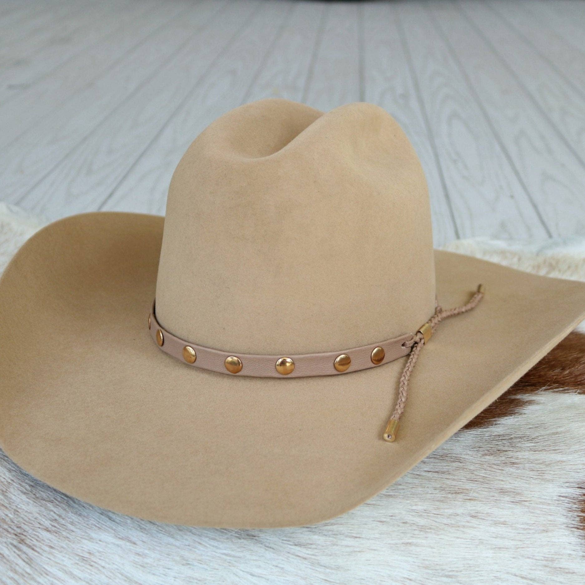 Taupe Studded Goat Leather Hat Band