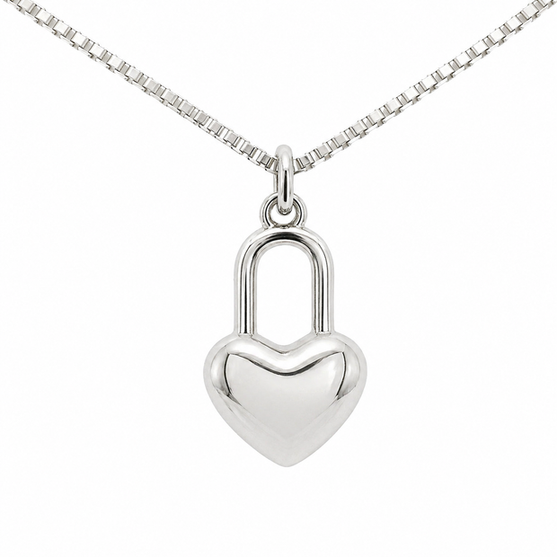 Sterling Silver Rhodium Polished Heart Lock Necklace